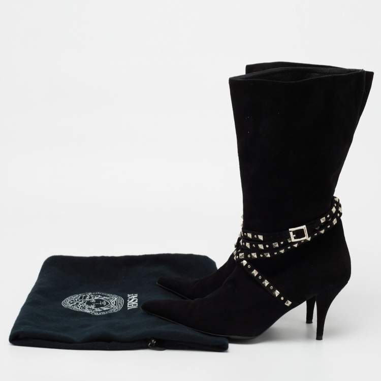 Pre Owned Versace Black Suede Studded Mid Calf Boots Size 38