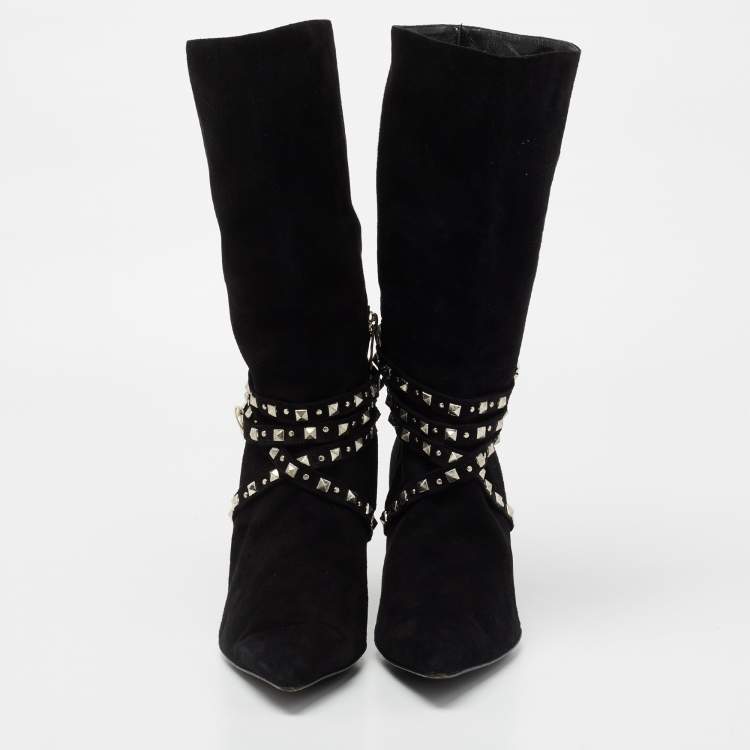 Pre Owned Versace Black Suede Studded Mid Calf Boots Size 38