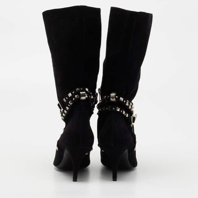 Pre Owned Versace Black Suede Studded Mid Calf Boots Size 38