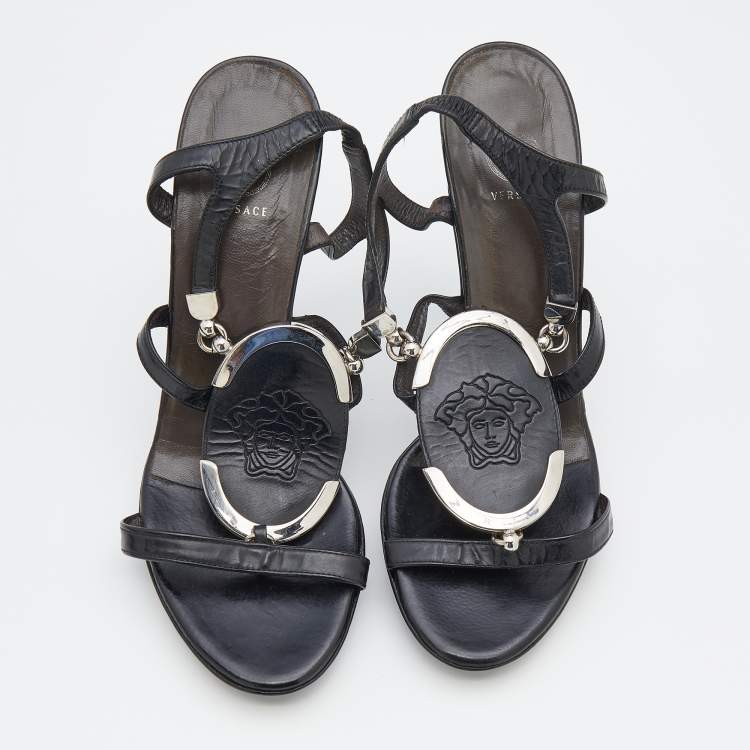 Pre Owned Versace Black Leather Medusa Strappy Platform Slingback Sandals Size 39