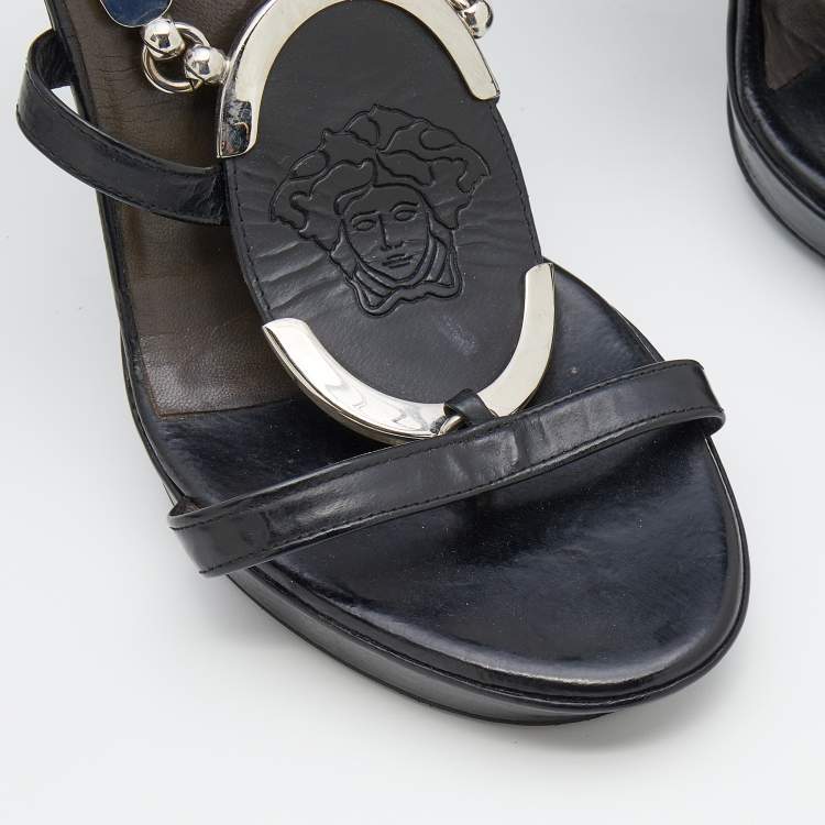 Pre Owned Versace Black Leather Medusa Strappy Platform Slingback Sandals Size 39