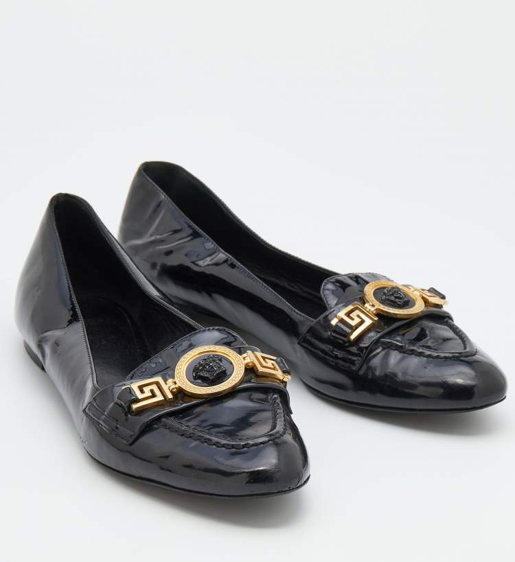 Pre Owned Versace Black Patent Leather Medusa Ballet Flats Size 39