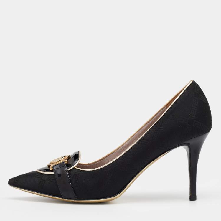 Pre Owned Versace Black Fabric And Patent Leather Medusa Pointed Toe Pumps Size 38.5