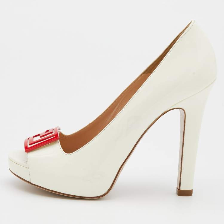 Pre Owned Versace White Patent Leather Embellished Peep Toe Pumps Size 37