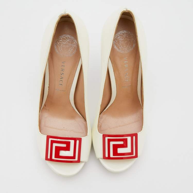 Pre Owned Versace White Patent Leather Embellished Peep Toe Pumps Size 37