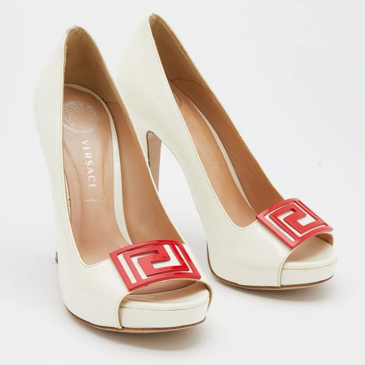 Pre Owned Versace White Patent Leather Embellished Peep Toe Pumps Size 37