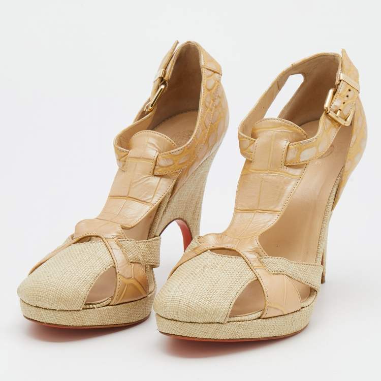 Pre Owned Versace Beige Croc Embossed Leather And Raffia Ankle Strap Platform Sandals Size 38