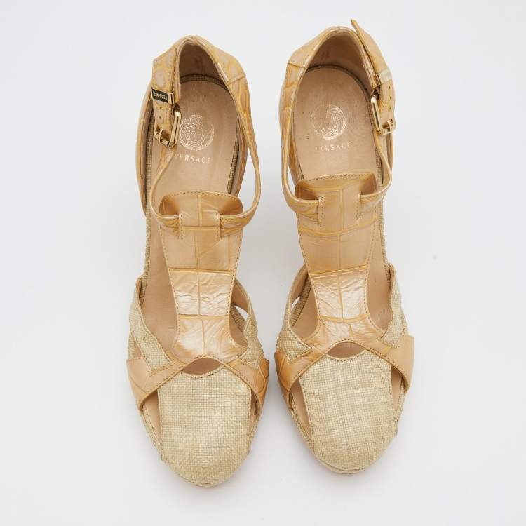 Pre Owned Versace Beige Croc Embossed Leather And Raffia Ankle Strap Platform Sandals Size 38
