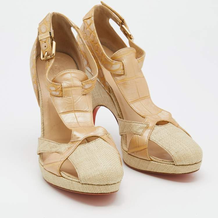 Pre Owned Versace Beige Croc Embossed Leather And Raffia Ankle Strap Platform Sandals Size 38