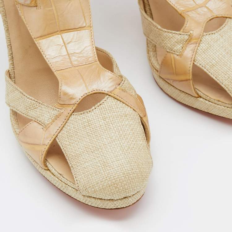 Pre Owned Versace Beige Croc Embossed Leather And Raffia Ankle Strap Platform Sandals Size 38