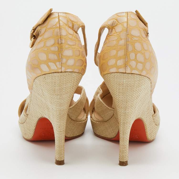 Pre Owned Versace Beige Croc Embossed Leather And Raffia Ankle Strap Platform Sandals Size 38
