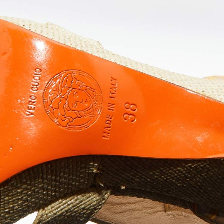 Pre Owned Versace Beige Croc Embossed Leather And Raffia Ankle Strap Platform Sandals Size 38