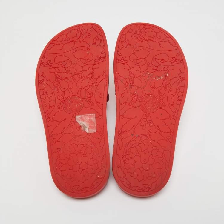 Pre Owned Versace Red Rubber La Medusa Flat Slides Size 39