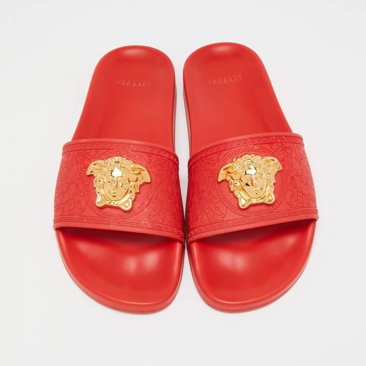 Pre Owned Versace Red Rubber La Medusa Flat Slides Size 39