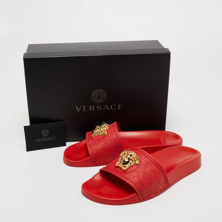 Pre Owned Versace Red Rubber La Medusa Flat Slides Size 39