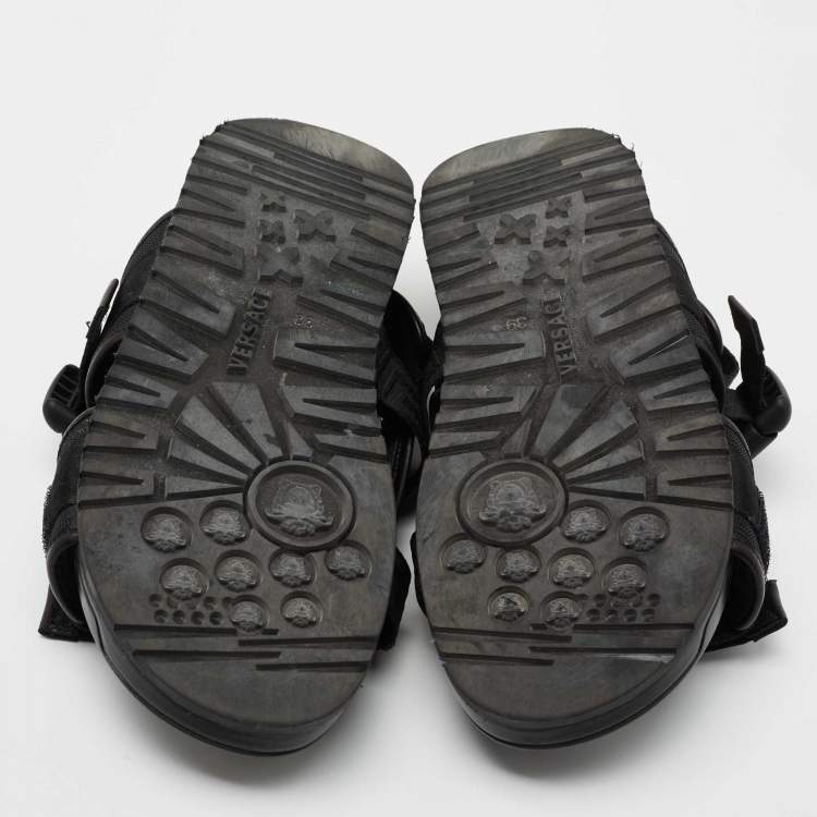 Pre Owned Versace Black Canvas and Leather Slingback  Sandals Size 39