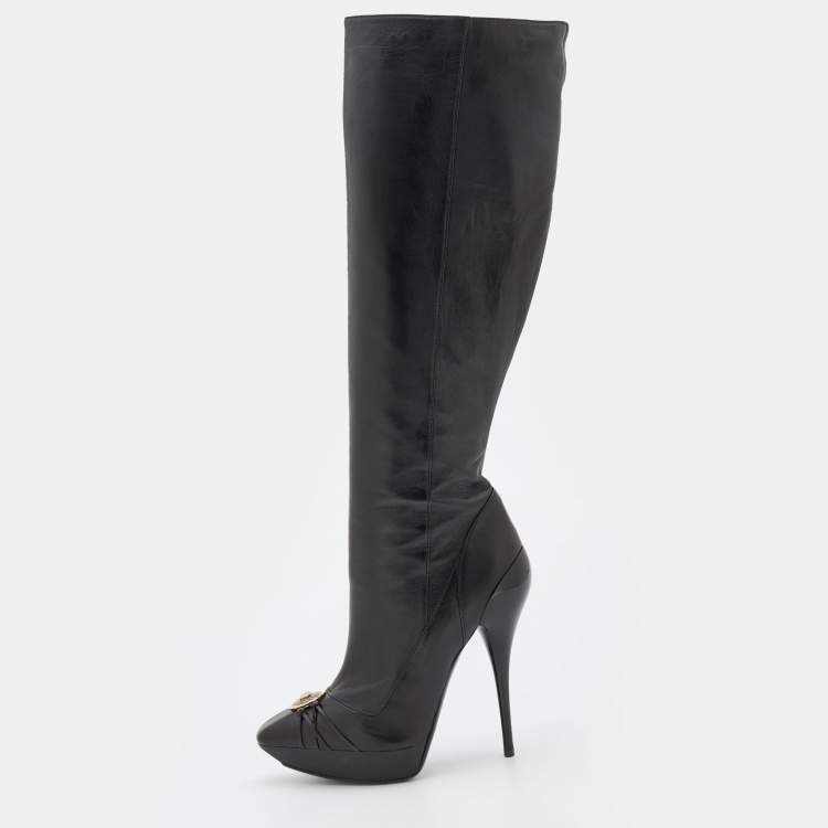 Pre Owned Versace Black Leather Thigh High Platform Boots Size 38.5