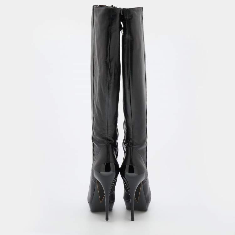 Pre Owned Versace Black Leather Thigh High Platform Boots Size 38.5