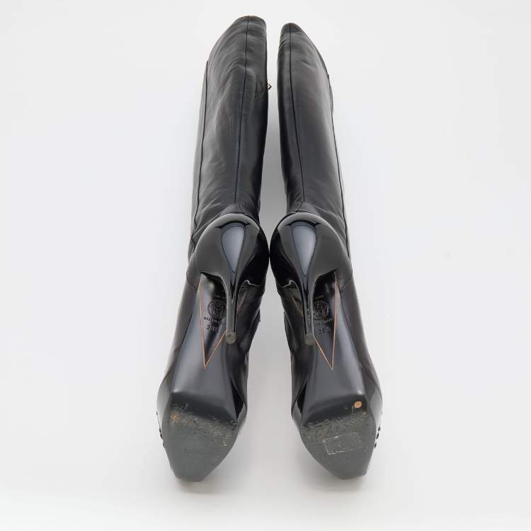 Pre Owned Versace Black Leather Thigh High Platform Boots Size 38.5