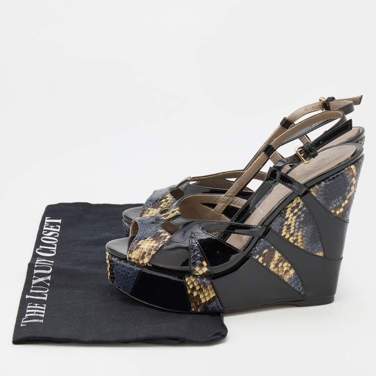 Pre Owned Versace Multicolor Patent and Snakeskin Leather Platform Wedge Sandals Size 38