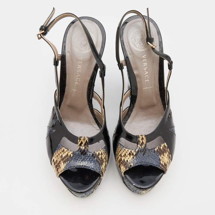 Pre Owned Versace Multicolor Patent and Snakeskin Leather Platform Wedge Sandals Size 38