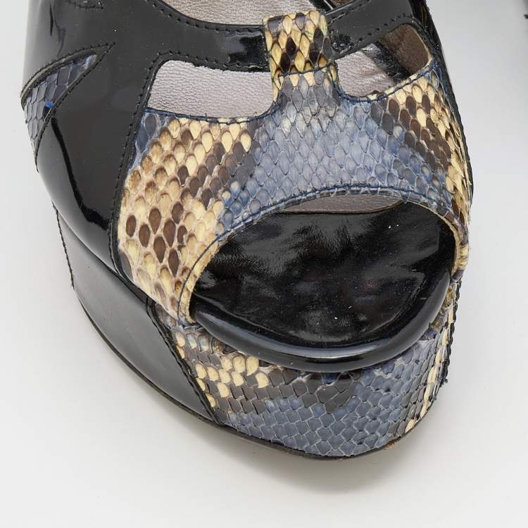 Pre Owned Versace Multicolor Patent and Snakeskin Leather Platform Wedge Sandals Size 38