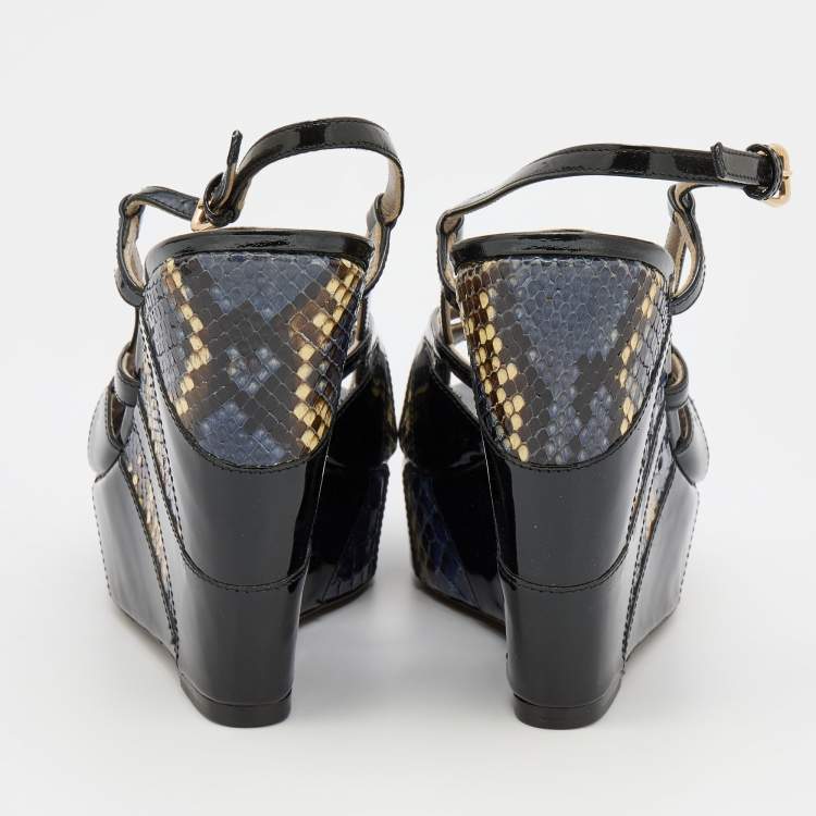 Pre Owned Versace Multicolor Patent and Snakeskin Leather Platform Wedge Sandals Size 38