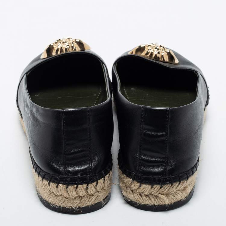 Pre Owned Versace Black Leather Medusa Slip on Espadrille Flats Size 37