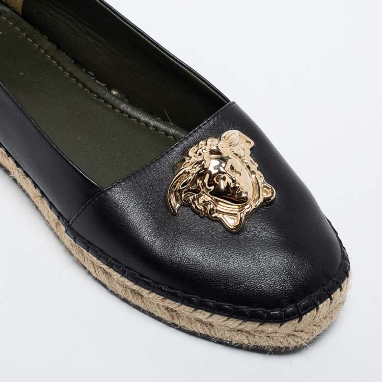 Pre Owned Versace Black Leather Medusa Slip on Espadrille Flats Size 37