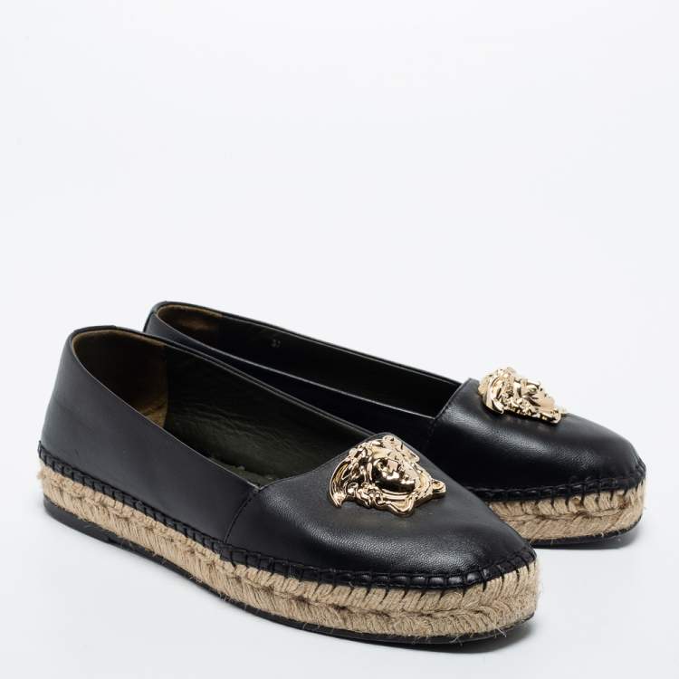 Pre Owned Versace Black Leather Medusa Slip on Espadrille Flats Size 37