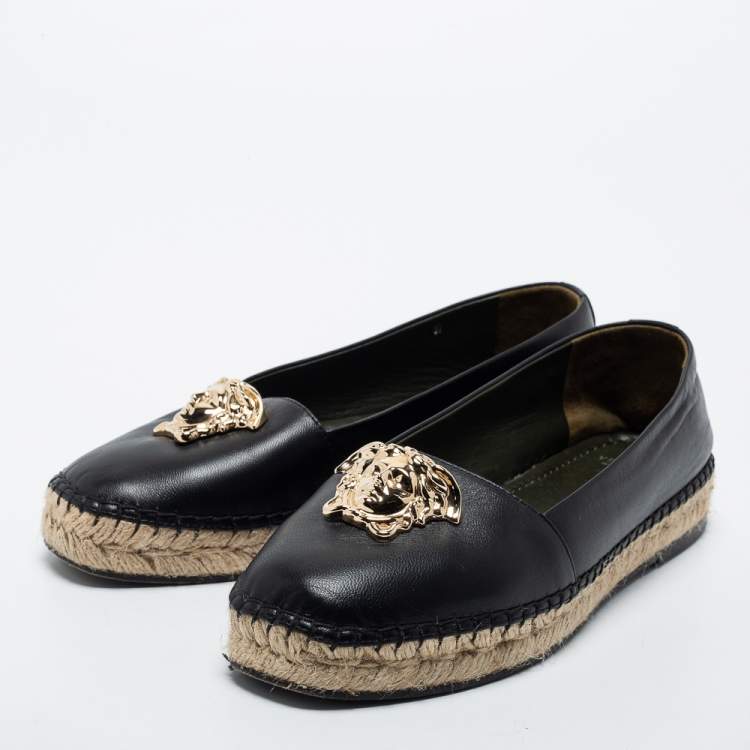 Pre Owned Versace Black Leather Medusa Slip on Espadrille Flats Size 37