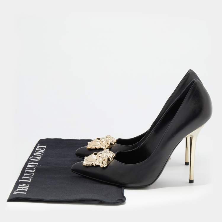 Pre Owned Versace Black Leather Palazzo Medusa Pointed Toe Pumps Size 38