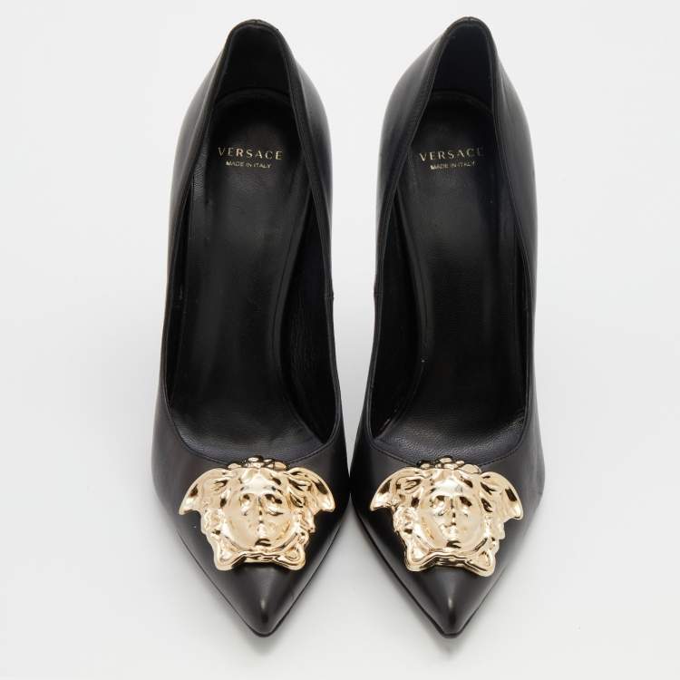 Pre Owned Versace Black Leather Palazzo Medusa Pointed Toe Pumps Size 38