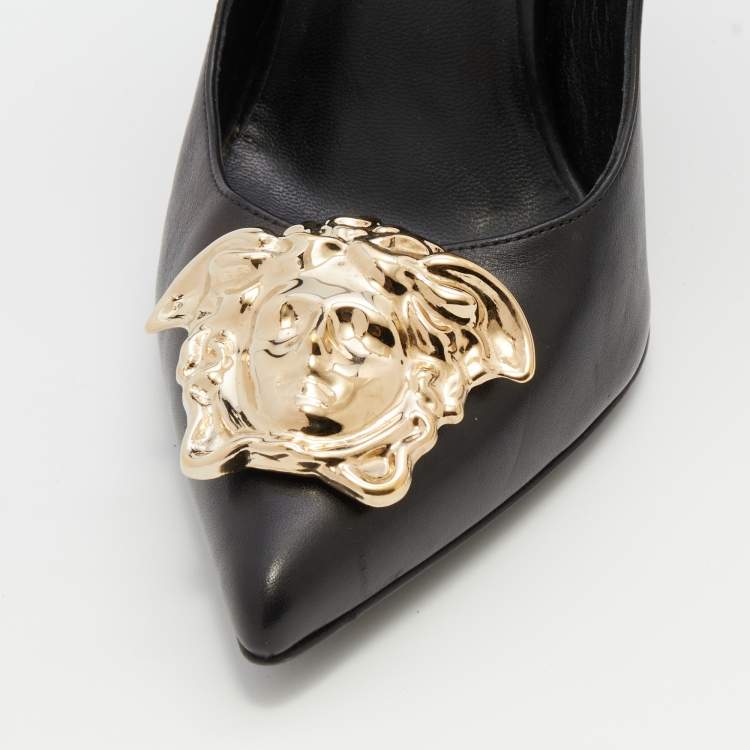 Pre Owned Versace Black Leather Palazzo Medusa Pointed Toe Pumps Size 38