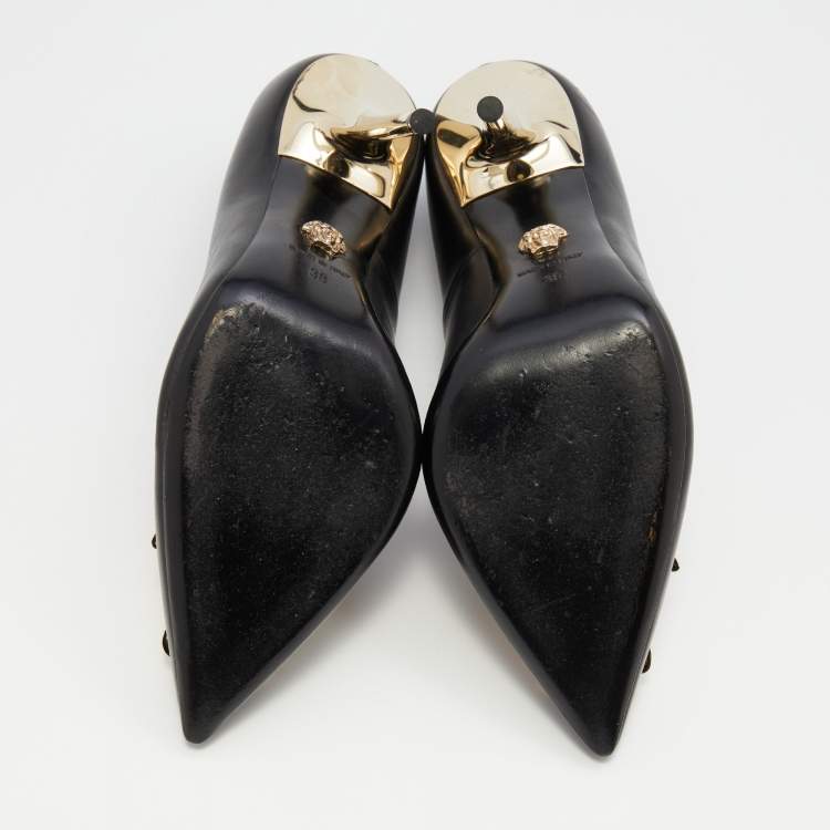 Pre Owned Versace Black Leather Palazzo Medusa Pointed Toe Pumps Size 38