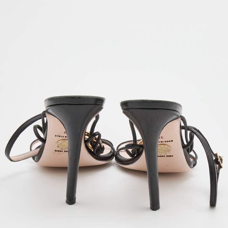 Pre Owned Versace Black Leather Medusa Ankle Strap Sandals Size 39
