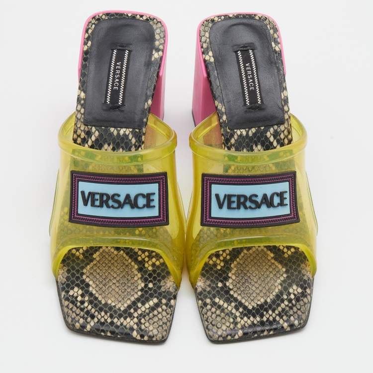 Pre Owned Versace Green PVC Logo Square Toe Block Heel Slide Sandals Size 38