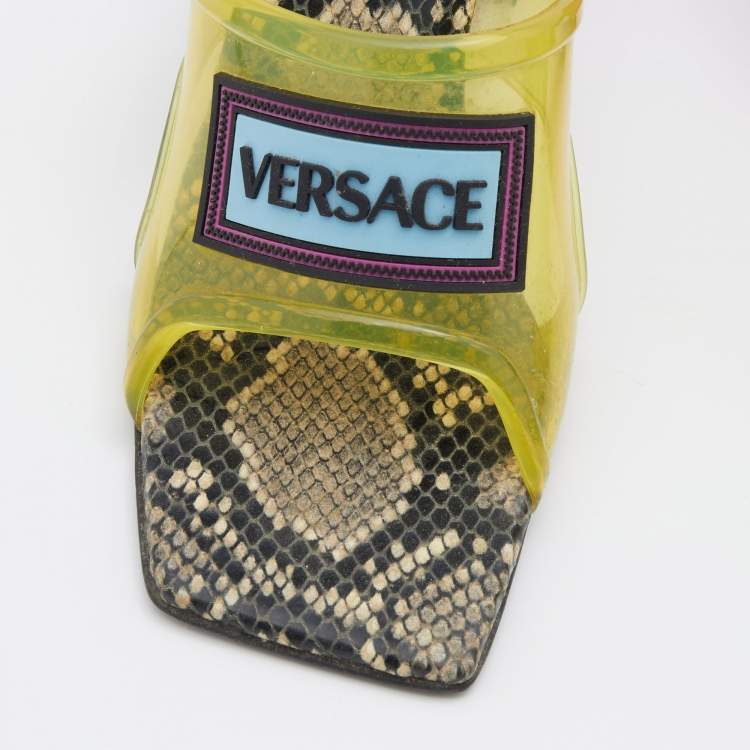 Pre Owned Versace Green PVC Logo Square Toe Block Heel Slide Sandals Size 38