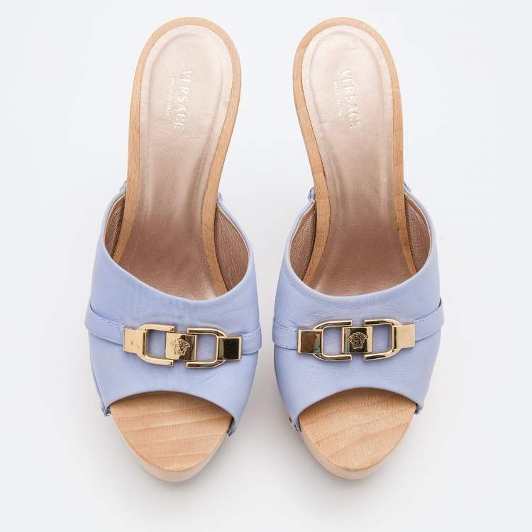 Pre Owned Versace Light Blue Leather Wooden Platform Clogs Size 38.5