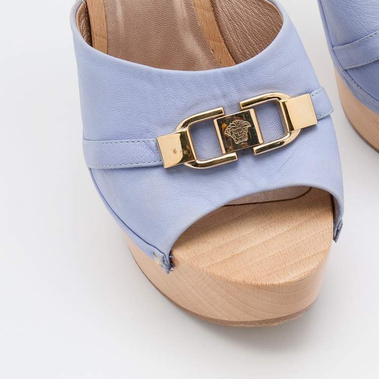 Pre Owned Versace Light Blue Leather Wooden Platform Clogs Size 38.5