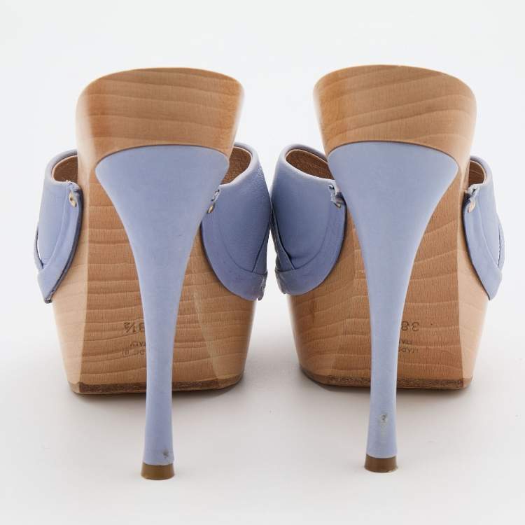 Pre Owned Versace Light Blue Leather Wooden Platform Clogs Size 38.5