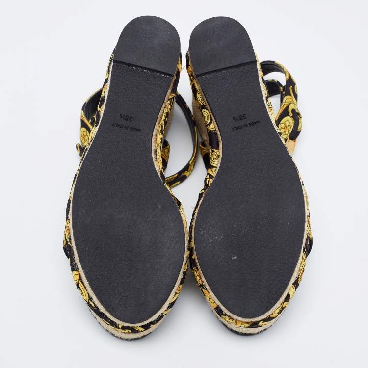 Pre Owned Versace Black/Yellow Hibiscus Print Canvas Espadrille Wedge Ankle Strap Sandals Size 36.5
