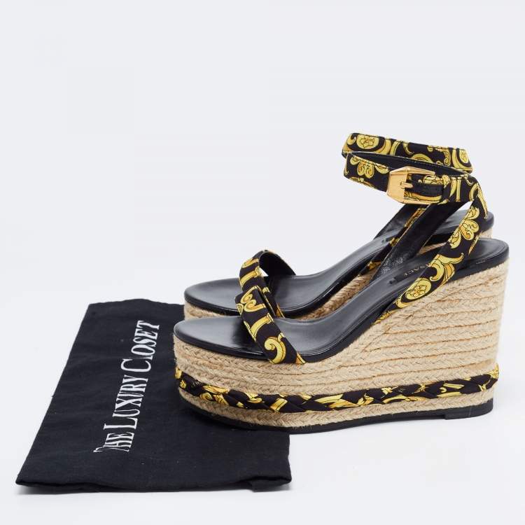 Pre Owned Versace Black/Yellow Hibiscus Print Canvas Espadrille Wedge Ankle Strap Sandals Size 36.5