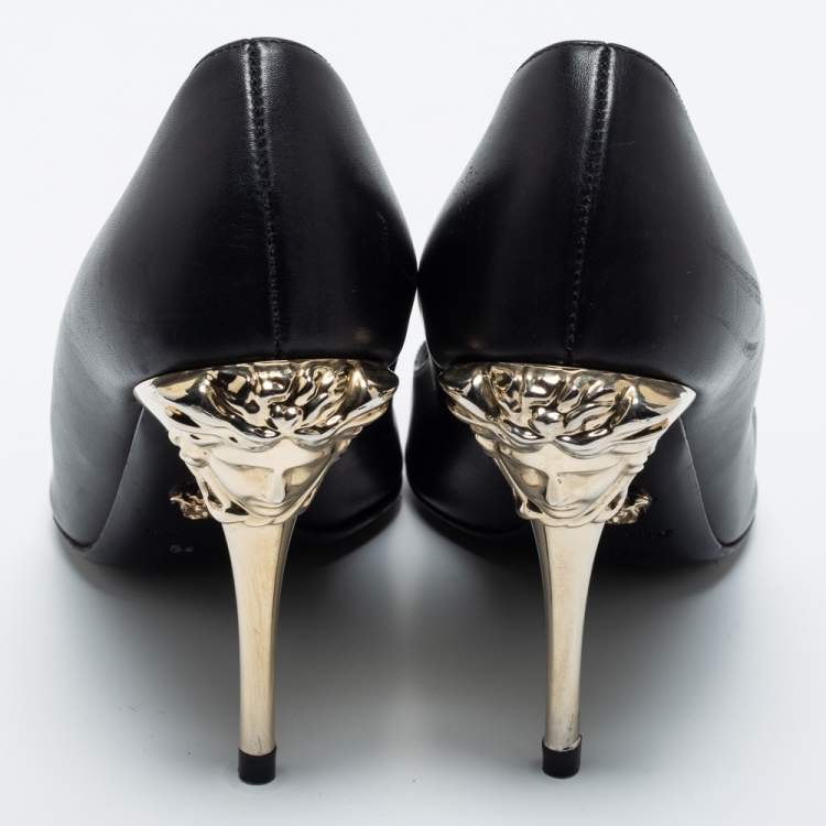 Pre Owned Versace Black Leather Peep Toe Medusa Heel Pumps Size 35.5