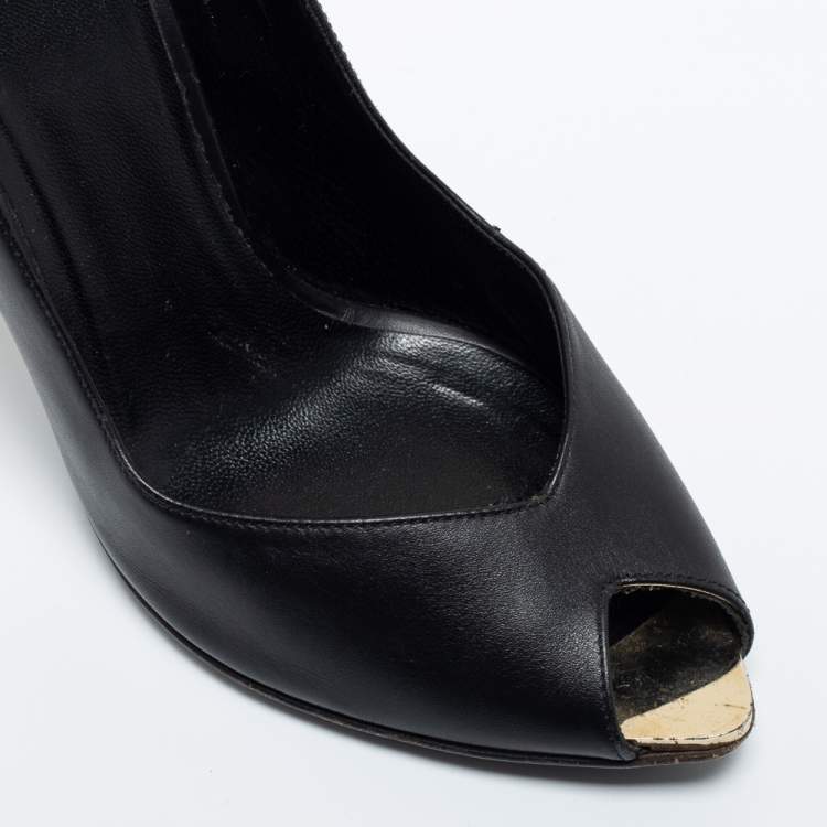 Pre Owned Versace Black Leather Peep Toe Medusa Heel Pumps Size 35.5