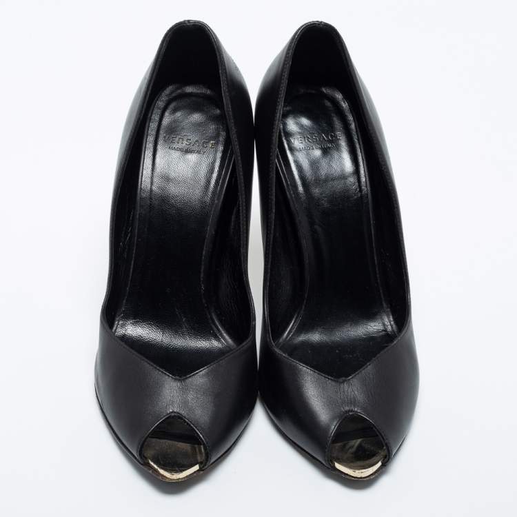Pre Owned Versace Black Leather Peep Toe Medusa Heel Pumps Size 35.5