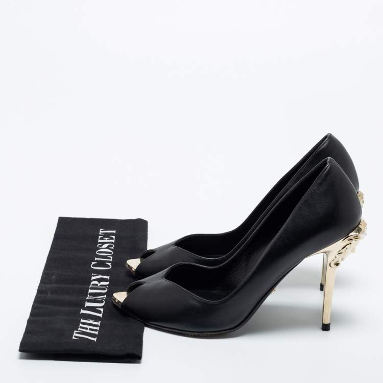 Pre Owned Versace Black Leather Peep Toe Medusa Heel Pumps Size 35.5