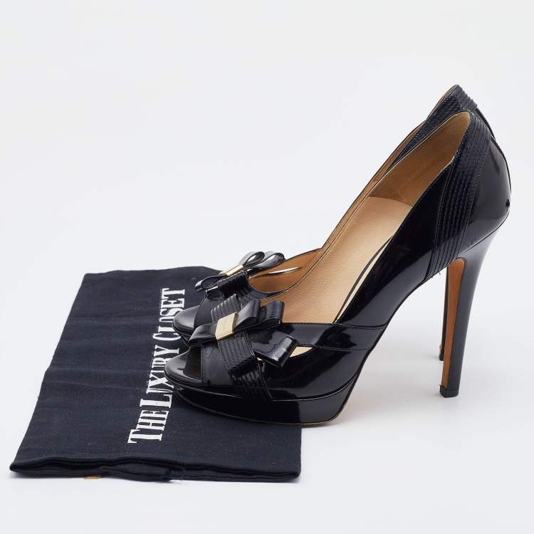 Pre Owned Versace Black Patent Leather Open Toe Platform Pumps SIze 37