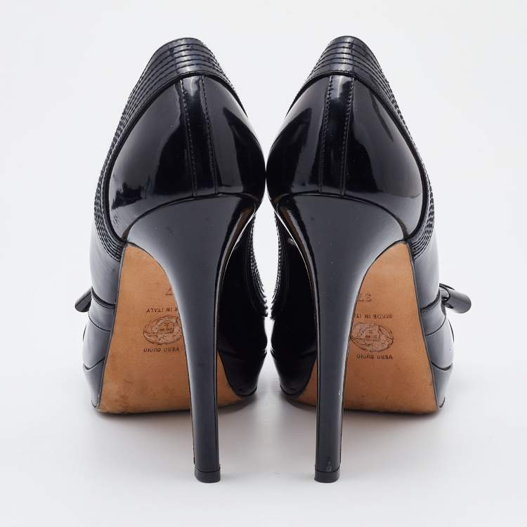 Pre Owned Versace Black Patent Leather Open Toe Platform Pumps SIze 37