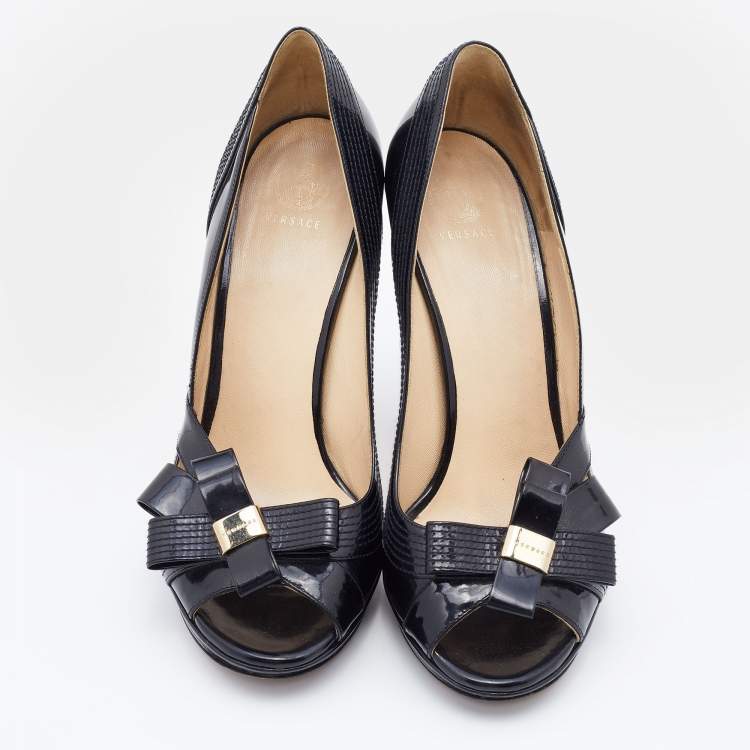Pre Owned Versace Black Patent Leather Open Toe Platform Pumps SIze 37